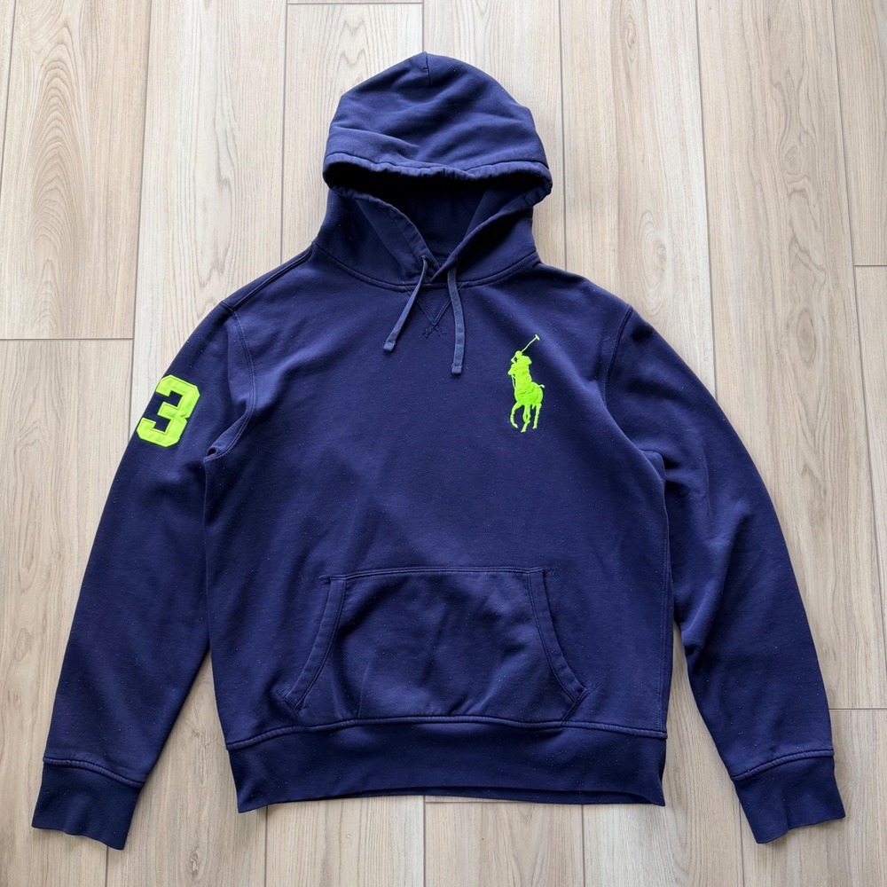 Polo Ralph Lauren Hoodie Mens Large Navy Blue Big Pony Neon Green 3 Patch Sweat